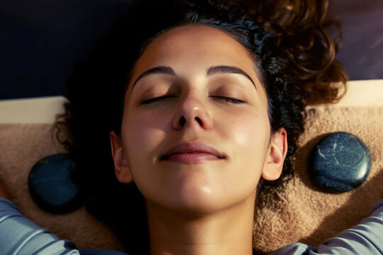 Woman at a hot stone therapy, massage technique associated with spa treatments and holistic wellness practices.