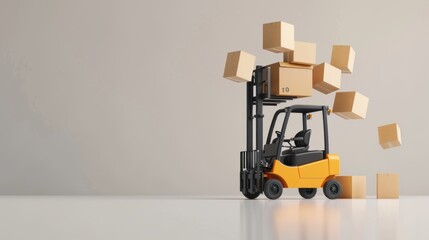 Orange-black forklift is lifting brown parcels boxes stacked on top of each other and it's all about to go up in air,vector 3d isolated on white background for logistic, transport and delivery concept