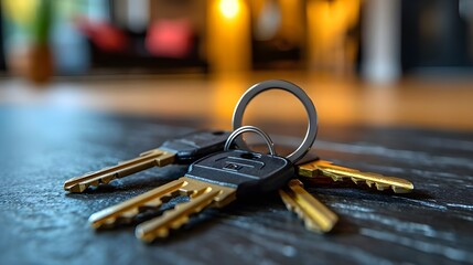 Keys on background new modern apartment or hotel room. Investment, rent, real estate, buying own property - obrazy, fototapety, plakaty
