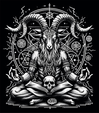 Mystical billy goat in meditative pose with occult symbols, dotwork vector illustration