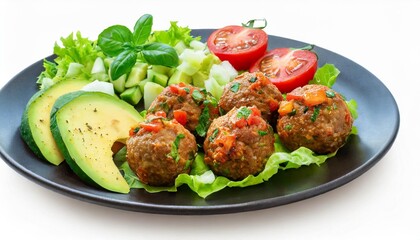 illustration of a plate with meatballs avocado salad tomatoes isolated on white transparent background keto eating concept healthy canva png cutout