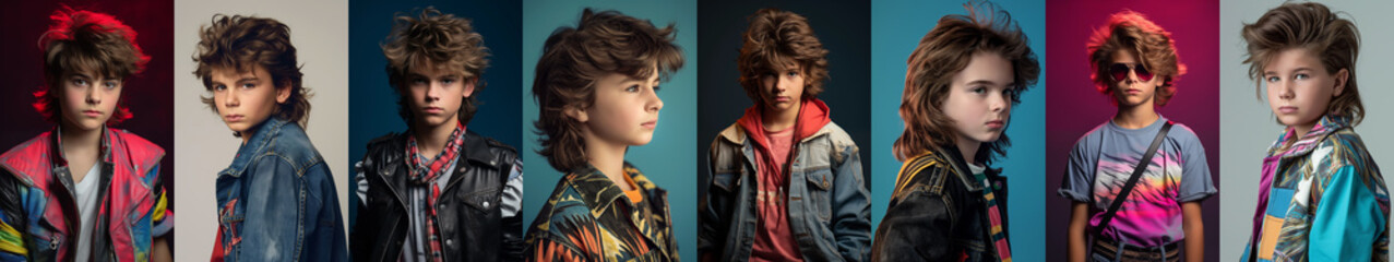 Set of 1980s fashion young boy - mullet hairstyle - pop culture - funny fashion - vintage - profile side view - individual isolated portraits.  Young child from the 80s. quirky and eccentric  - obrazy, fototapety, plakaty