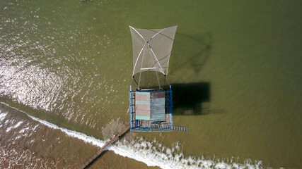 Aerial view of fishing hut on Saint Michel Chef Chef