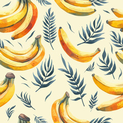 Seamless pattern with tropical palm leaves and bananas. Vector illustration.