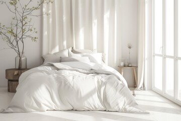 Modern Scandinavian interior design bedroom with comfortable king size bed