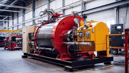  Large industrial machine is a large, cylindrical vessel with a red and yellow exterior