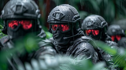 Soldiers with Red Eyes in Tactical Gear in Jungle