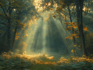 Forest Illumination: Sunrays Piercing Through Autumn Trees - obrazy, fototapety, plakaty
