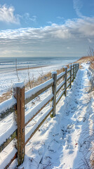 Winter's Contrast: Snow-Covered Beach and Diamond Wire Fence