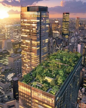 Modern Eco-Friendly Skyscraper with Green Rooftop Gardens Overlooking an Urban Cityscape