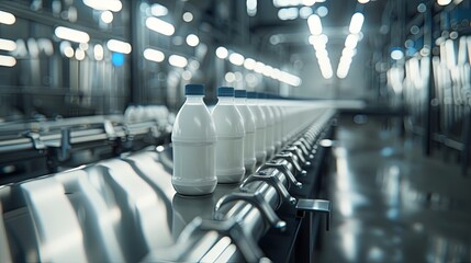 Automatic line for packing dairy products (milk, kefir, buttermilk, yogurt) into glass or plastic containers. Beverage production. Bottling plant. Bottles on factory conveyor. Illustration for design. - obrazy, fototapety, plakaty