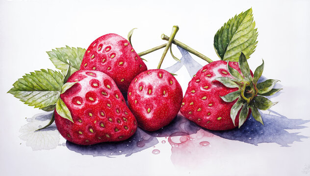  A beautiful watercolor painting of four ripe strawberries with white background, and green leaves and stems visible