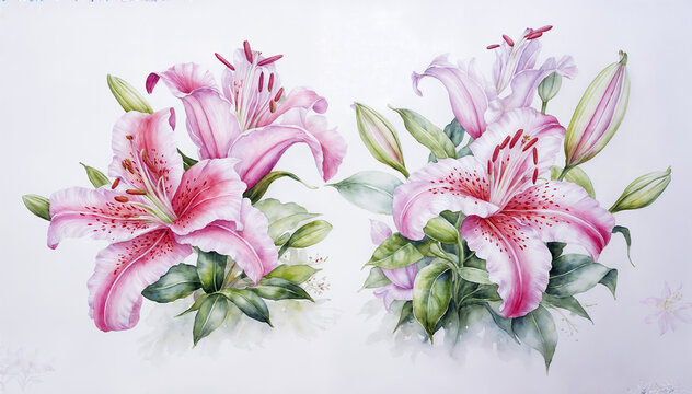  Two watercolor illustrations of pink lilies with buds and green leaves on a white background.