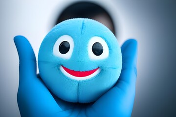 blue smiling toy on hand