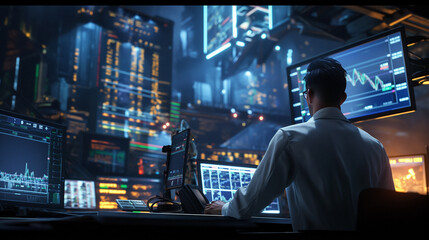 Fototapeta premium business man using computers in trading floor with stock market