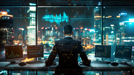 business man using computers in trading floor with stock market