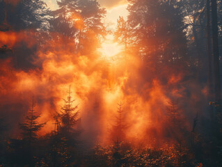 Fototapeta na wymiar Fiery Dawn: Mystical Sunrise Through the Misty Forest