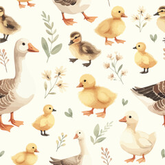 Seamless watercolor pattern goose and little ducklings with sprigs of leaves. © ku4erashka