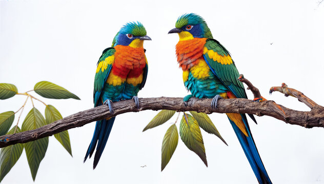  A pair of beautiful parrots are sitting on a branch and looking at each other and background is white.