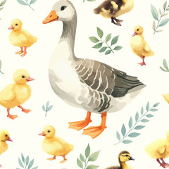 Seamless watercolor pattern goose and little ducklings with sprigs of leaves.