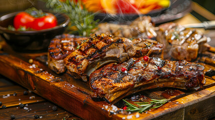 Fototapeta premium Delicious juicy grilled meat with vegetables on a wooden board
