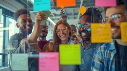 A diverse team of professionals joyfully collaborates using sticky notes on a glass wall in a vibrant, modern office. AIG41