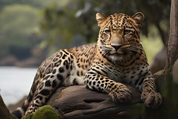 A large leopard is seen resting on a tree trunk, with its head up and eyes open. The animal appears to be relaxed and comfortable in its natural habitat. In the background, there are some rocks and wa