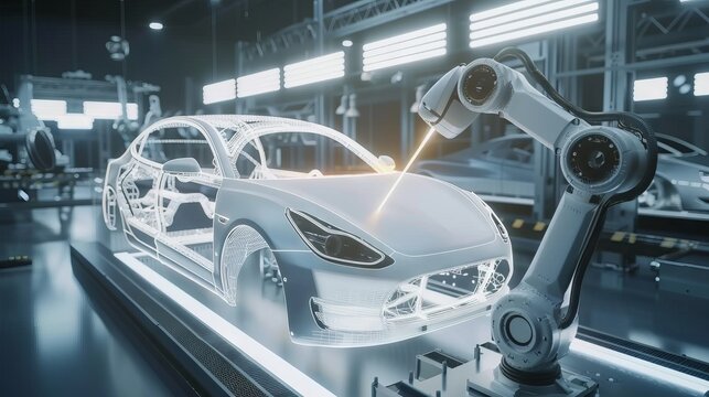 Robot welder in the automobile industry. White robots welding vehicle body in automobile factory. Robots draw the outline of the concept car with a laser beam or beam.