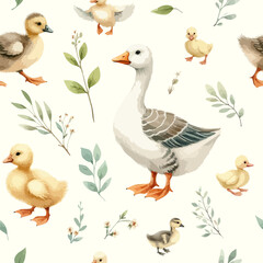 Seamless watercolor pattern goose and little ducklings with sprigs of leaves. © ku4erashka