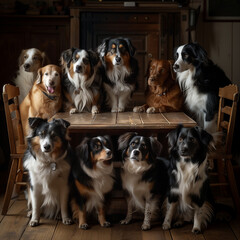 Generative AI Dogs gathered around a wooden table