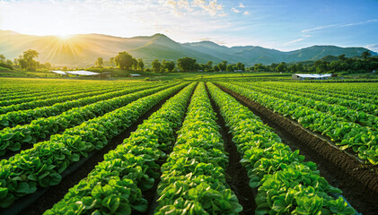  Rows of lettuce plants growing in a field with a beautiful mountain landscape in the distance