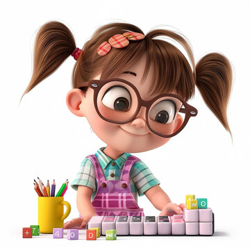 3d animation, cartoon, m&auml;dchen, gro&szlig;e brille, braune z&ouml;pfe, l&auml;chelnd, macht mathe, girl, big glasses, brown braids, smiling, doing math