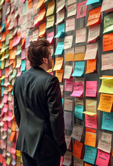 Man Standing in Front of Wall Covered in Sticky Notes