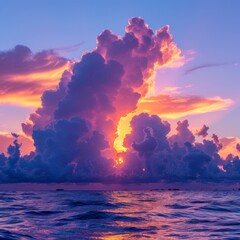 Vibrant Sunset with Dramatic Pink and Orange Clouds Over a Serene Ocean