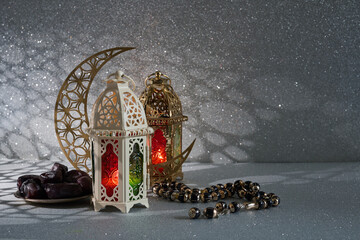 Ramadan and Eid al fitr concept. Traditional lantern, dates fruit, rosary beads