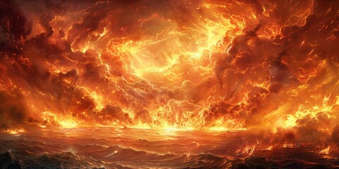 An Apocalyptic Sky Filled With Swirling Flames Above a Barren Landscape, a Vision of Armageddon