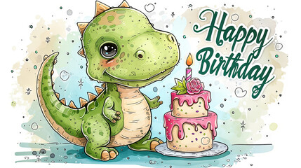 greeting card to Happy birthday cute dino with celebrate cake, party time
