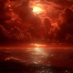 Eerie Crimson Sky Reflecting on Ocean Waters, Surreal Seascape Amidst Fiery Clouds and Glowing Horizon