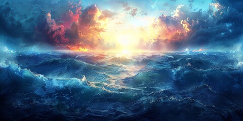 Fantasy Ocean Storm with Luminous Sun Breaking Through Dark, Turbulent Waters - obrazy, fototapety, plakaty