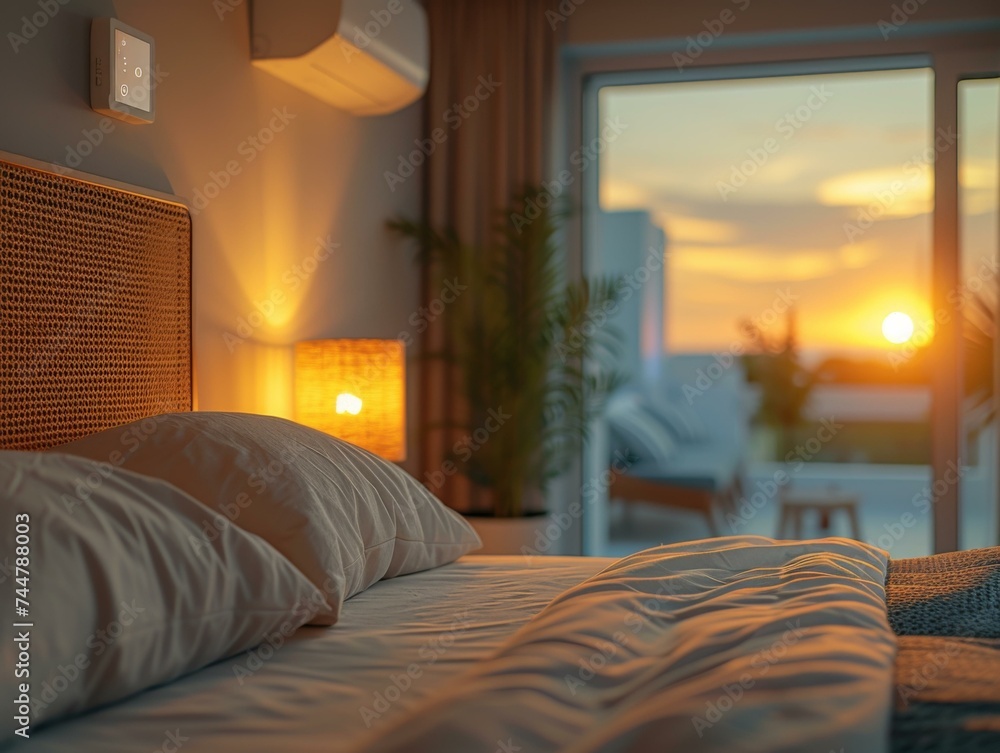Poster a bed with white sheets and pillows in front of a window. generative ai.