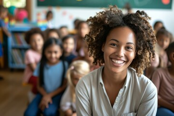 A smiling woman teacher in front of a classroom of children. Generative AI.