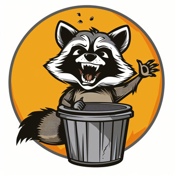 Cartoon logo emblem of an excited raccoon with a trash can, cartoon, animal, vector, illustration, cat, cute, drawing, fun, dog, funny, design, character, happy, nature, pet, mammal, animals, smile