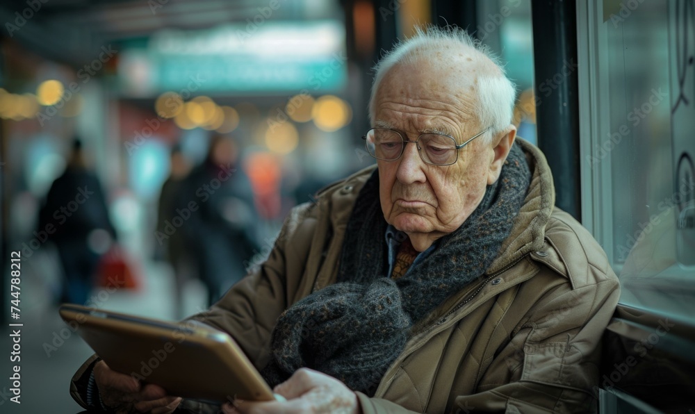 Poster an elderly man is sitting on a bench and using a tablet. generative ai.