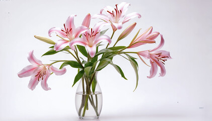  A beautiful bouquet of pink lilies in a glass vase with white background