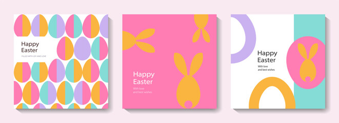 Set of Happy Easter cards in modern minimalistic style with geometric shapes, eggs. Trendy editable vector template for greeting card, poster, banner, invitation, social media post.	 - obrazy, fototapety, plakaty