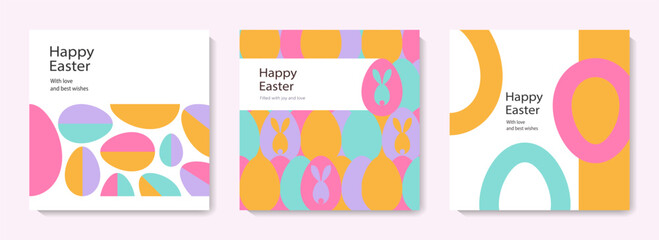 Fototapeta na wymiar Set of Happy Easter cards in modern minimalistic style with geometric shapes, eggs. Trendy editable vector template for greeting card, poster, banner, invitation, social media post. 