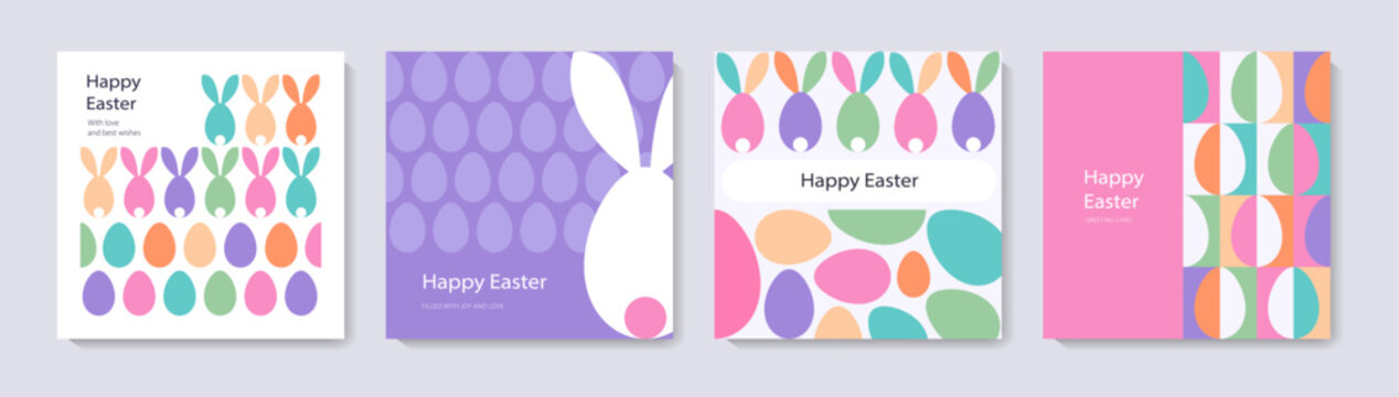 Set of Happy Easter cards in modern minimalistic style with geometric shapes, eggs. Trendy editable vector template for greeting card, poster, banner, invitation, social media post.	
