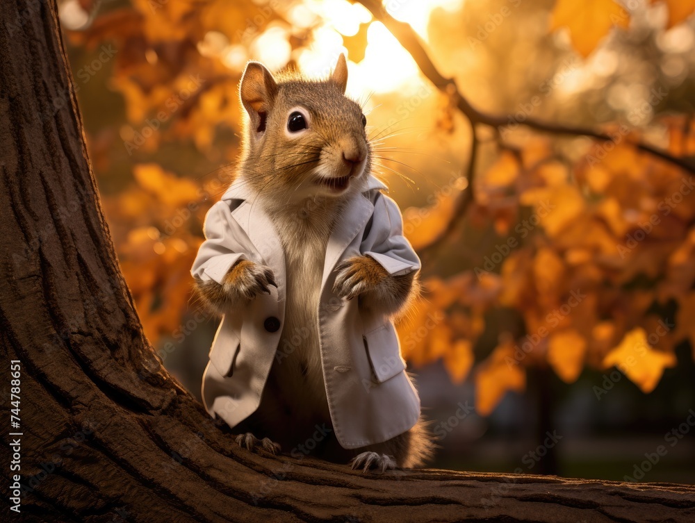 Poster a squirrel dressed in a white coat standing on a tree branch. generative ai.