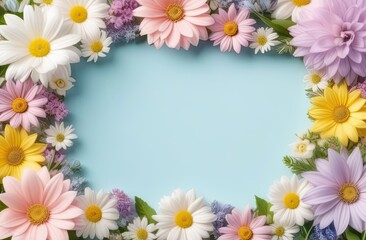 Obraz premium Pastel colors frame with free place for text made from lot of spring flowers. Greeting card for spring holidays. Template for Birthday, Women's Day, Mother's Day. Floral picture.