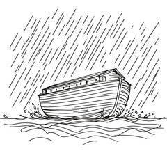 Noah's Ark in the pouring rain during the Flood, in line drawing style